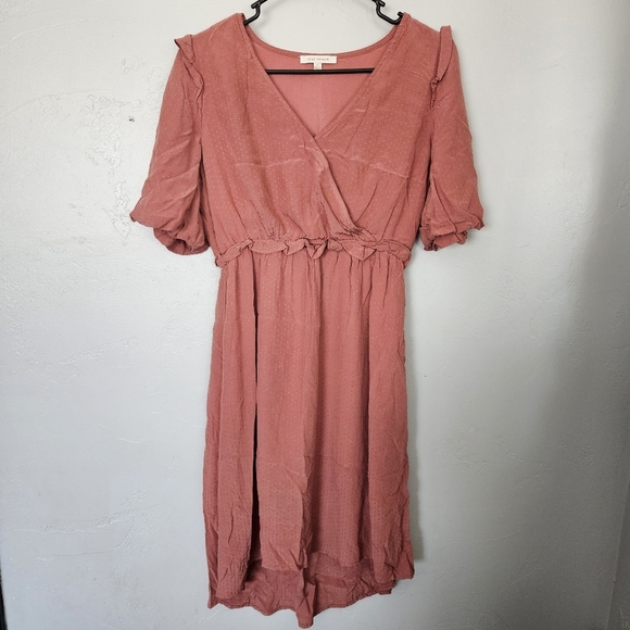 Skies Are Blue Women's Small Pink Puff Sleeve Midi Sundress Knee Length Surplice - Picture 1 of 9